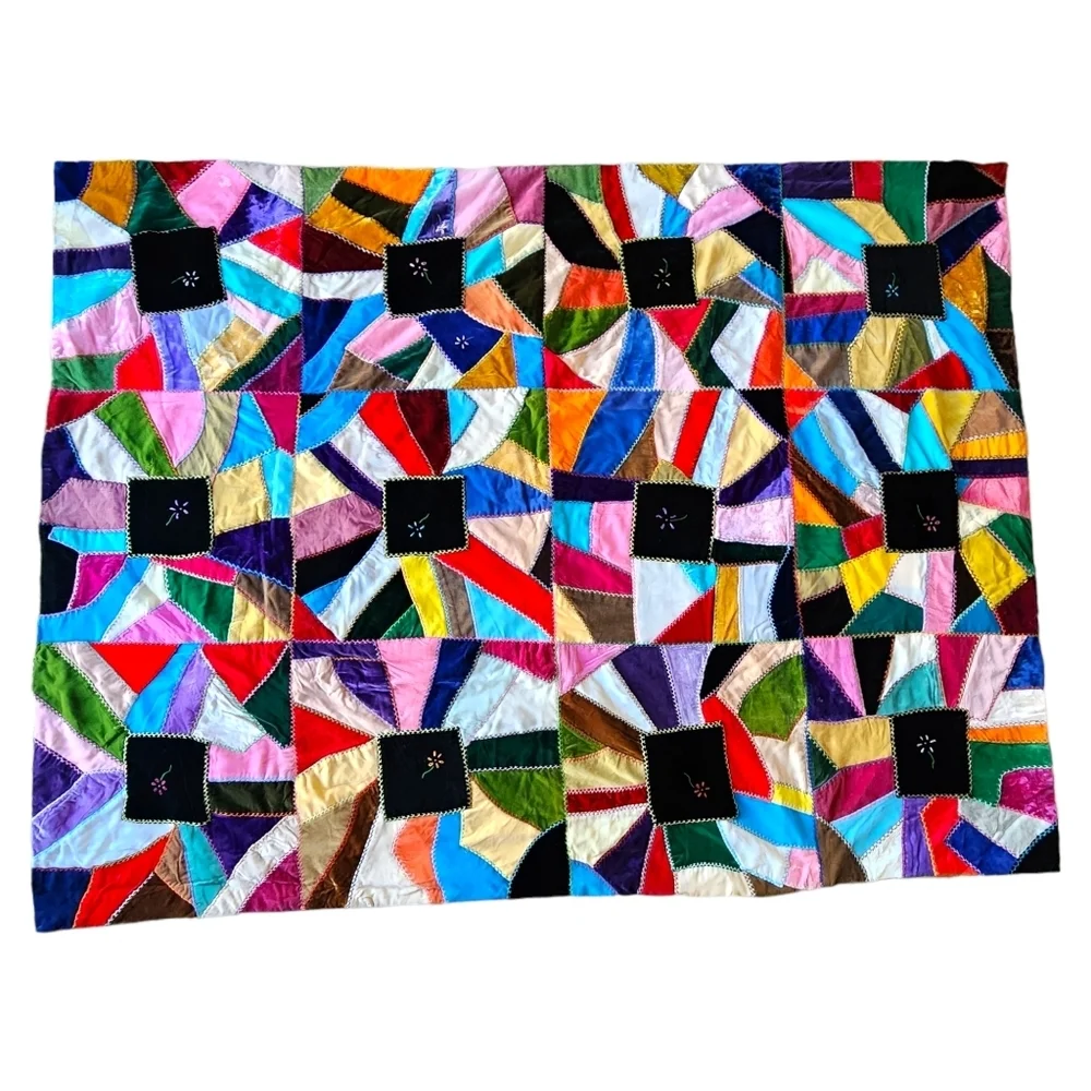 ANTIQUE Velvet Crazy Quilt bright‎ colors floral embroidered 73in x 55in